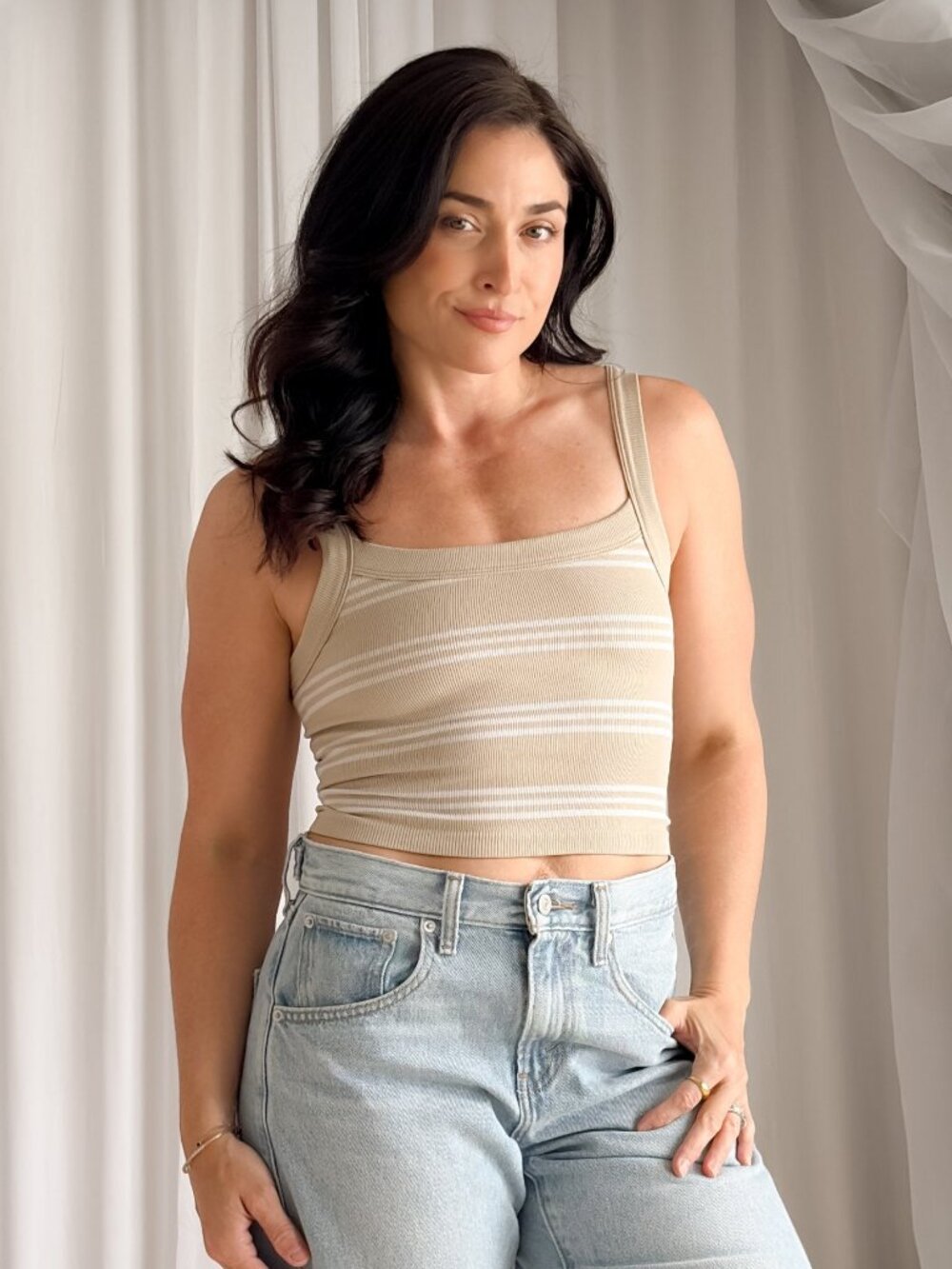 Women’s Beige Striped Ribbed Tank Top – Stretch Crop